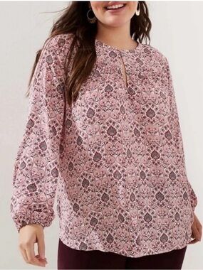 LOFT Long Sleeved Top Flora Tile Mixed Media Size M Keyhole Blouse